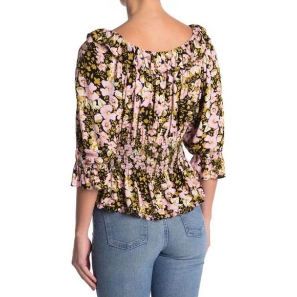 Free People Sweet Memories Floral Crepe Smocked Back Tie Front Ruffle Top - Picture 2 of 14